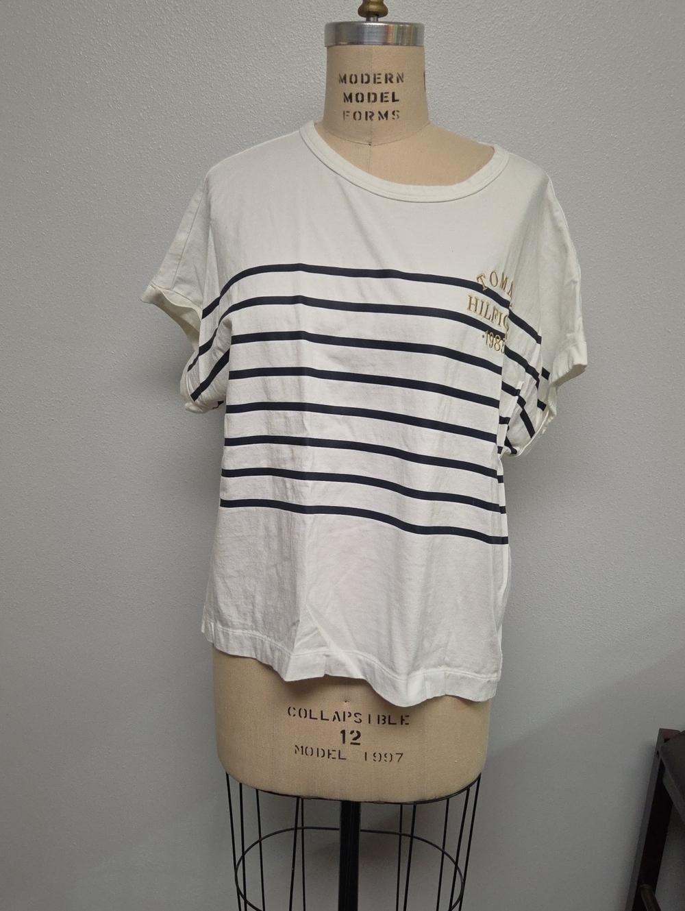 Tommy Hilfiger White Tee with Navy Stripes and Gold Logo